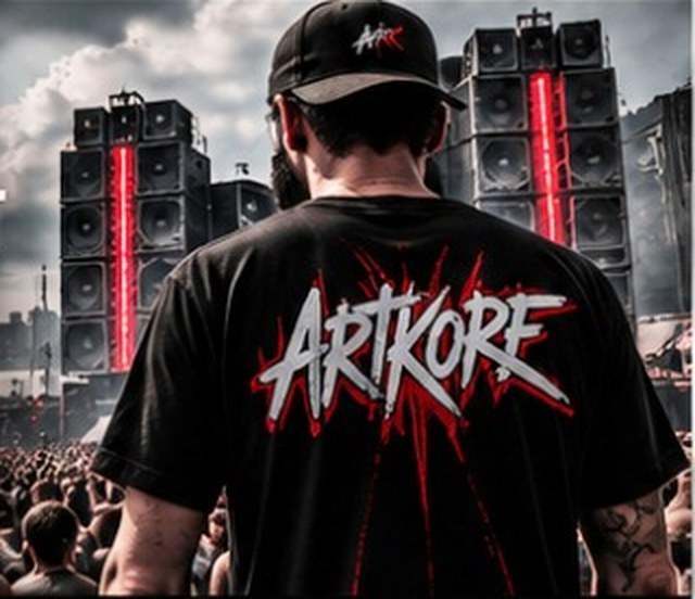 Festivalier de dos portant le tee-shirt ARTKORE devant un mur de son